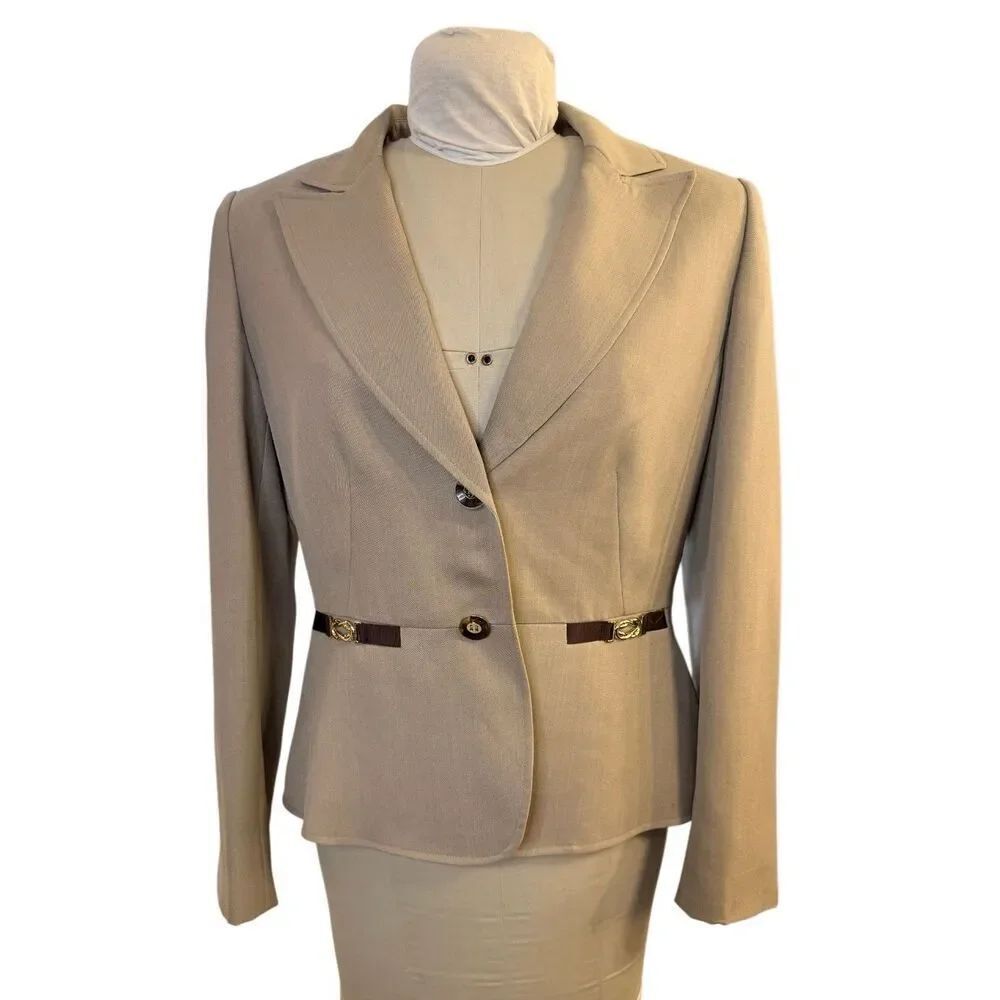 TAHARI Brown Tan Wool Belt Detail 2-Button Blazer Sz. 12 Career Professional